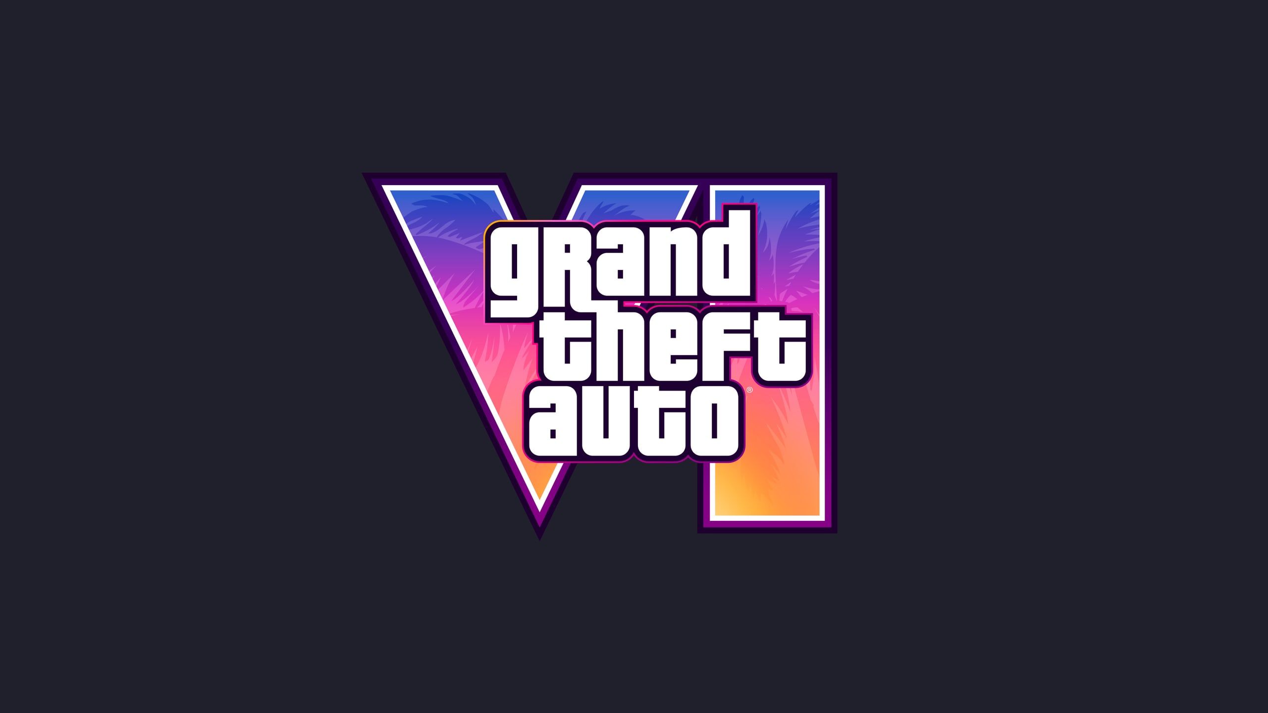 Логотип Grand Theft Auto VI в цветах заката на тёмно-синем фоне