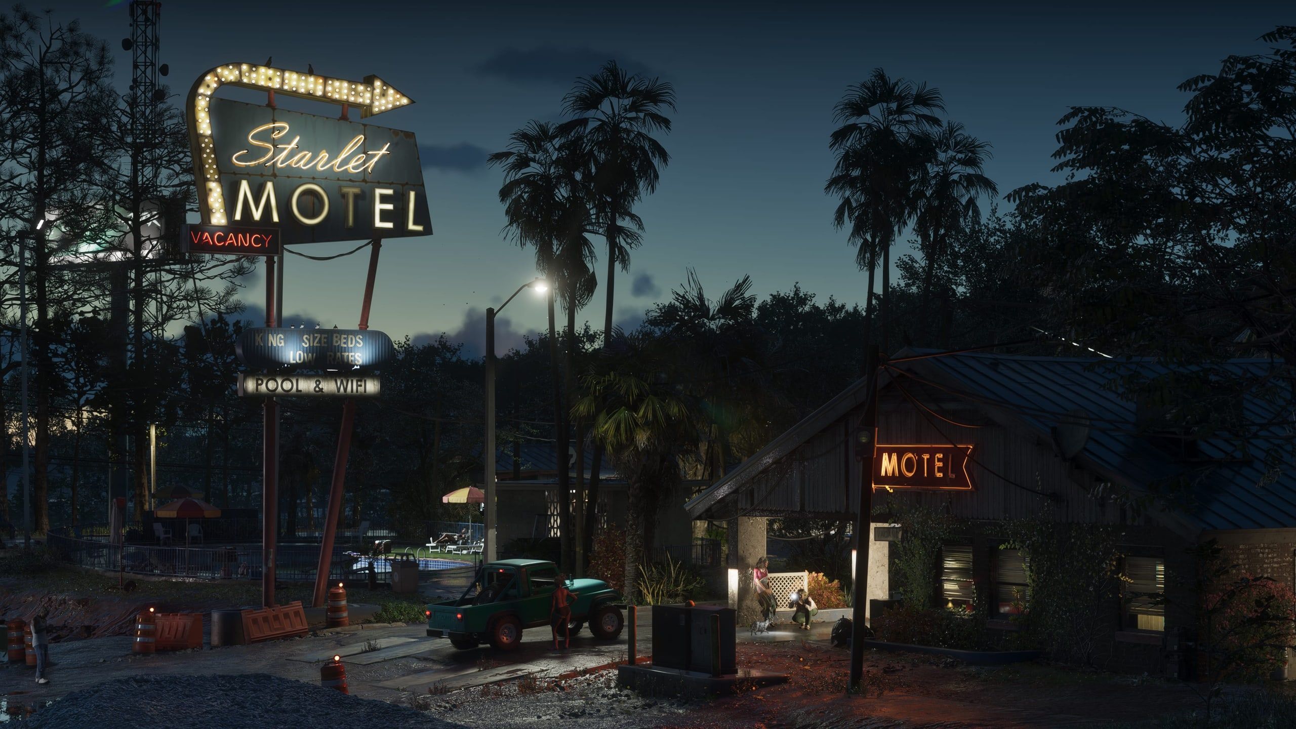 Неоновая вывеска мотеля «Starlet Motel» в Порт-Геллхорне в сумерках