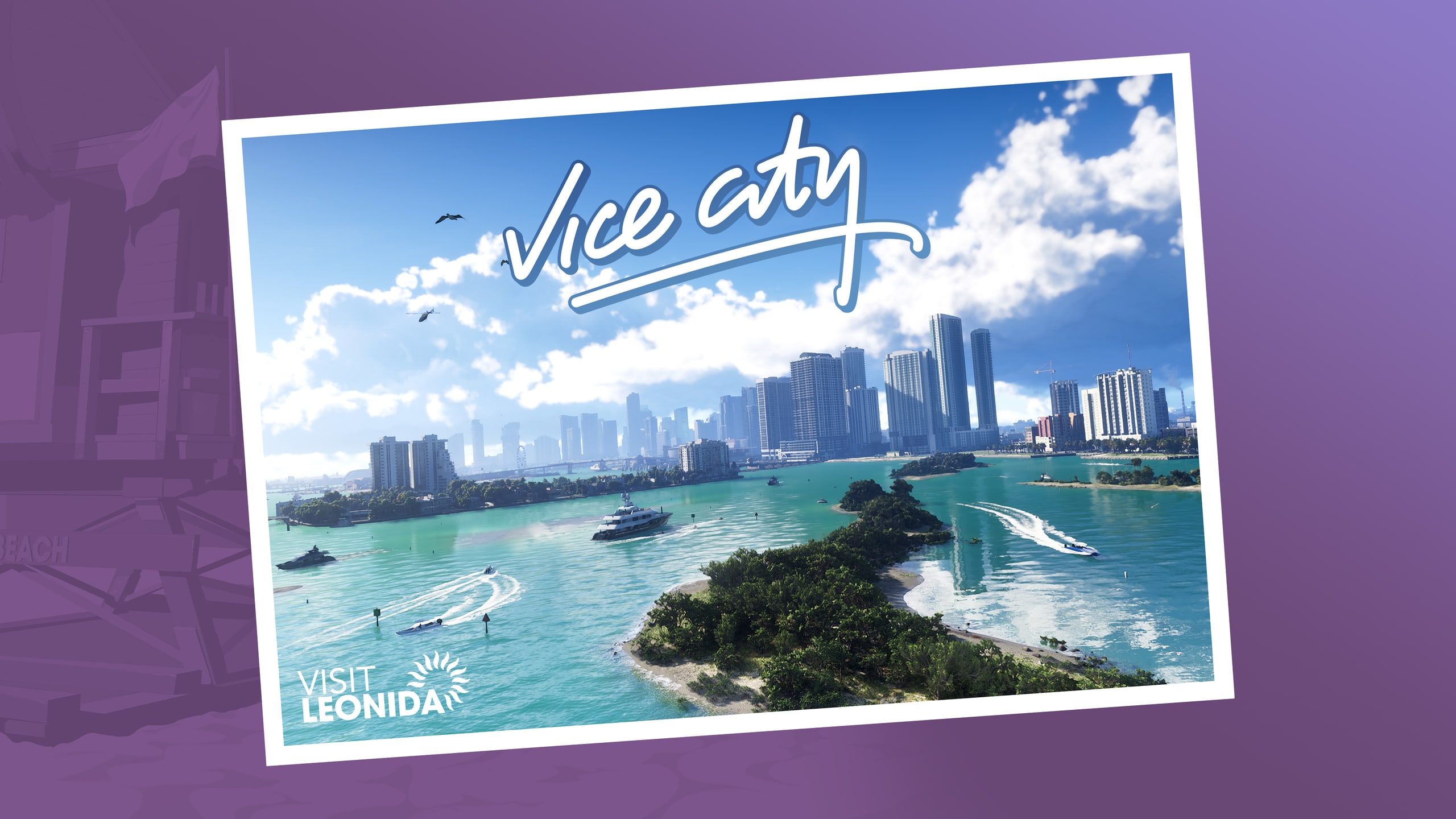 Туристическая открытка «Vice City» с видом на залив и небоскрёбы в рамке рекламы «Visit Leonida»